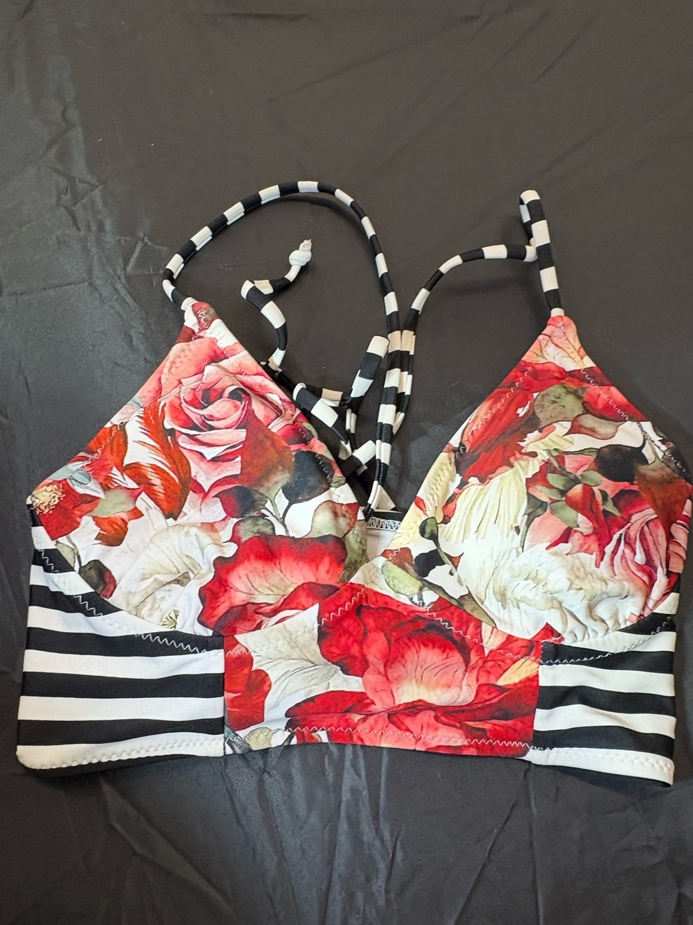 Cupshe Red Floral & Black Striped Bralette Bathingsuit Top